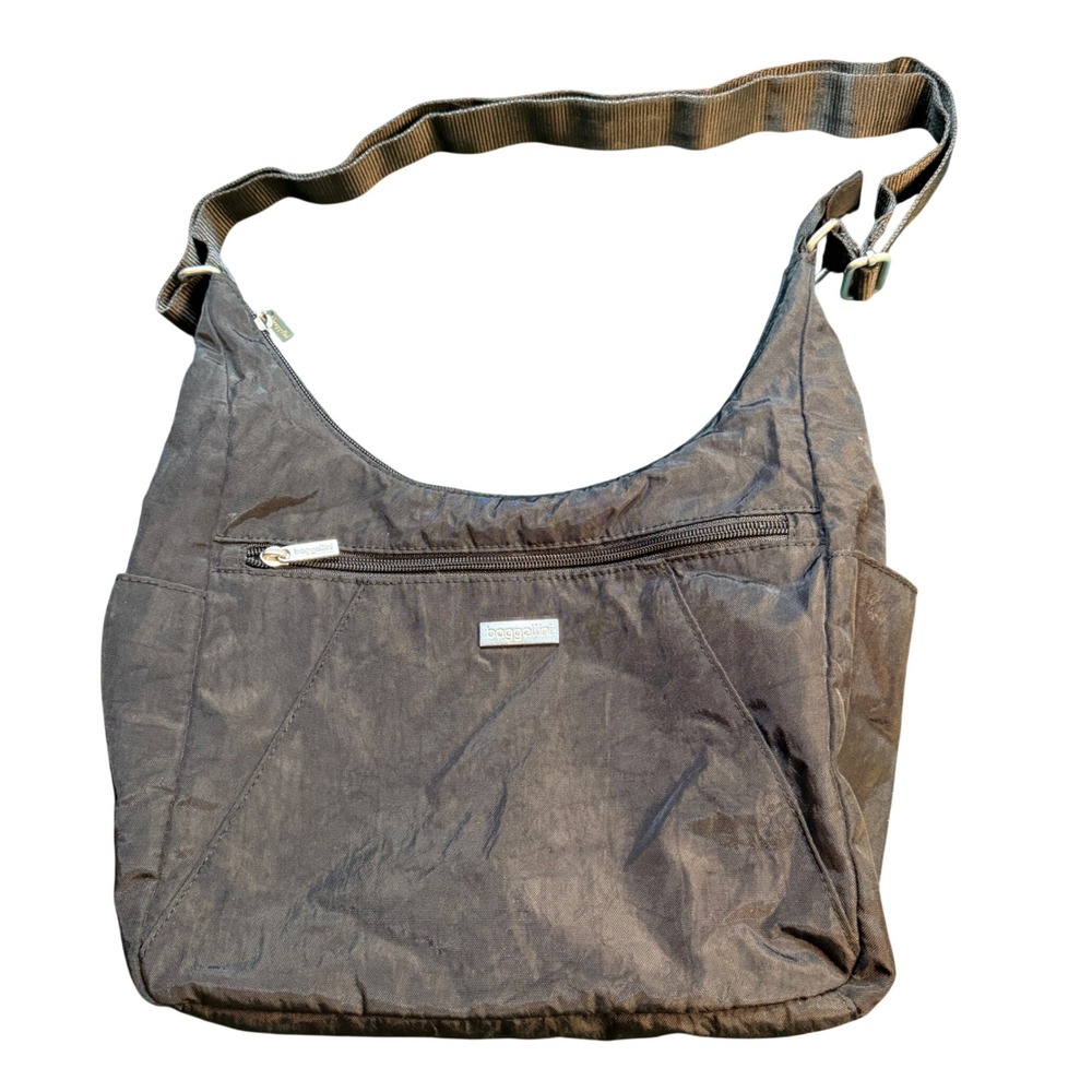 Bagallini Hobo‎ Shoulder Bag Brown Nylon Adjustable Strap Zipper Pockets